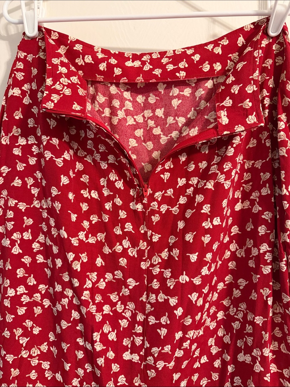 Maxi Faux-Wrap Boho Skirt, Tie at Waist, Zip in Back, Red & Cream, Multi-Season - Picture 5 of 9